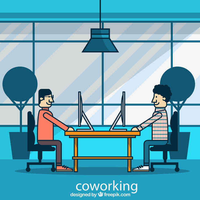 2个卡通线条风格的商务人员正在对着电脑办公