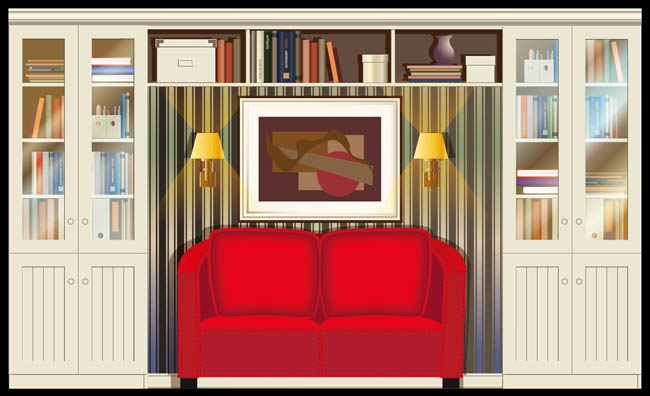红色沙发后面的档案柜书柜场景设计