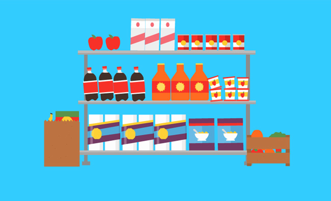 超市货架上商品扁平化MG动画短片素材下载