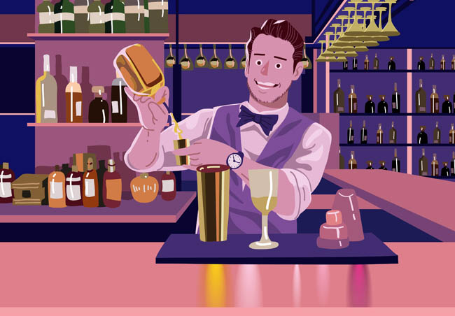 酒吧的调酒师吧台服务员卡通形象设计