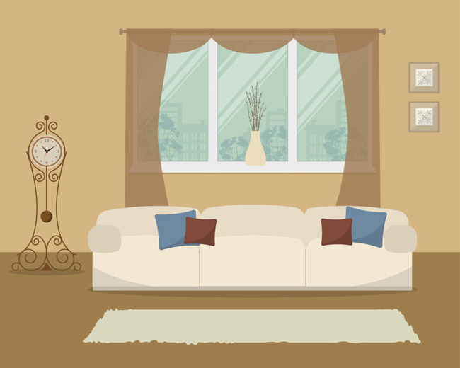 温馨黄灰色的客厅沙发窗户场景设计素材