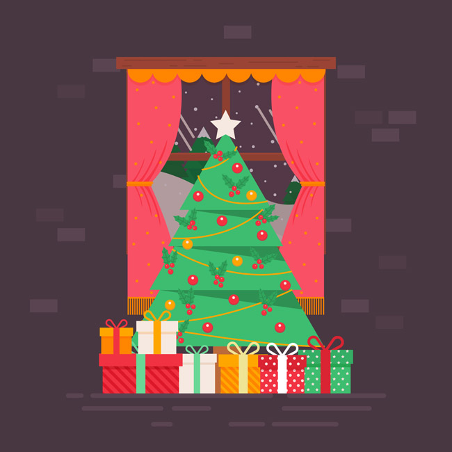 扁平化圣诞树圣诞礼物组合背景设计素材