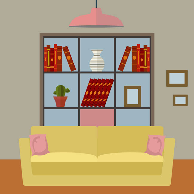 沙发后面的书架扁平化客厅场景设计