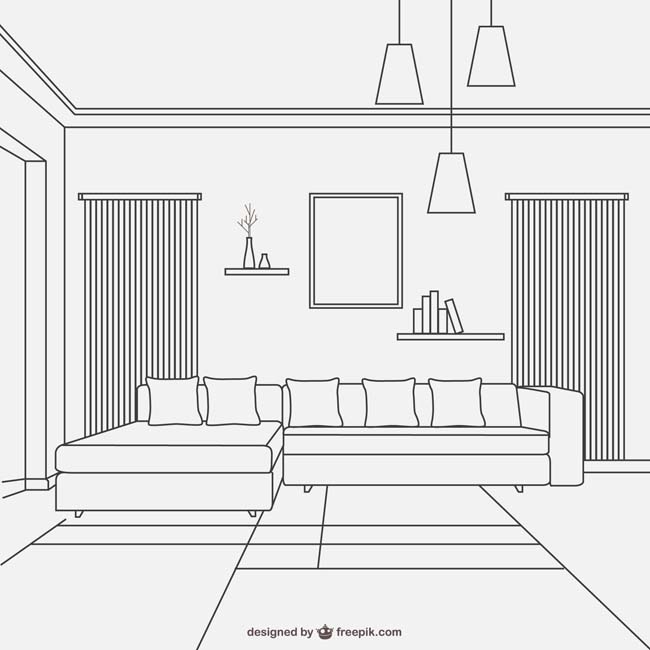 黑白线条的客厅场景沙发吊灯环境设计素材
