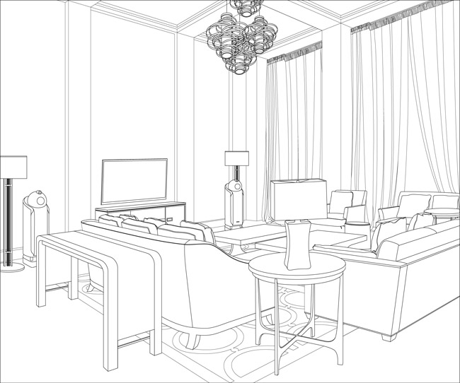 黑白线条风格的客厅沙发吊灯组合的装修设计