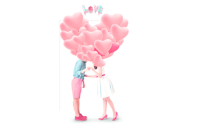 情侣拿着爱心气球和LOVE字体设计海报素材