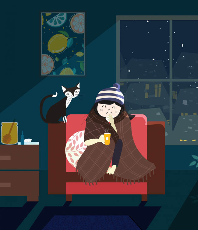 在沙发上熬夜看电视的人物卡通形象设计矢量素材