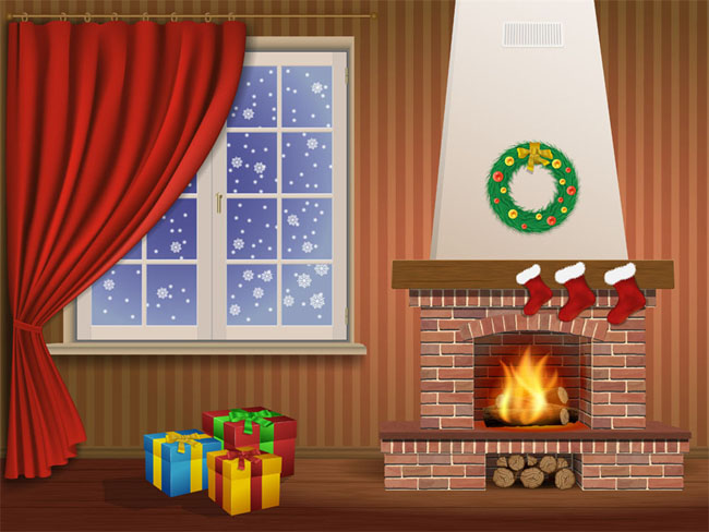 圣诞节到来之际室内的壁炉圣诞树场景设计