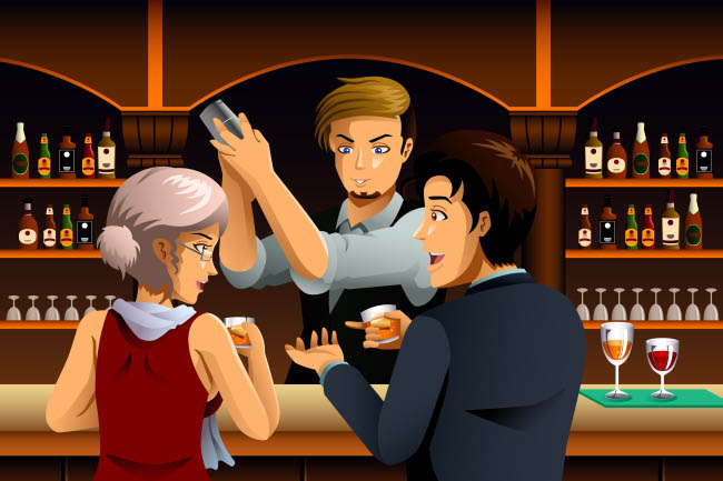 正在酒吧喝酒聊天的年轻人卡通动漫场景