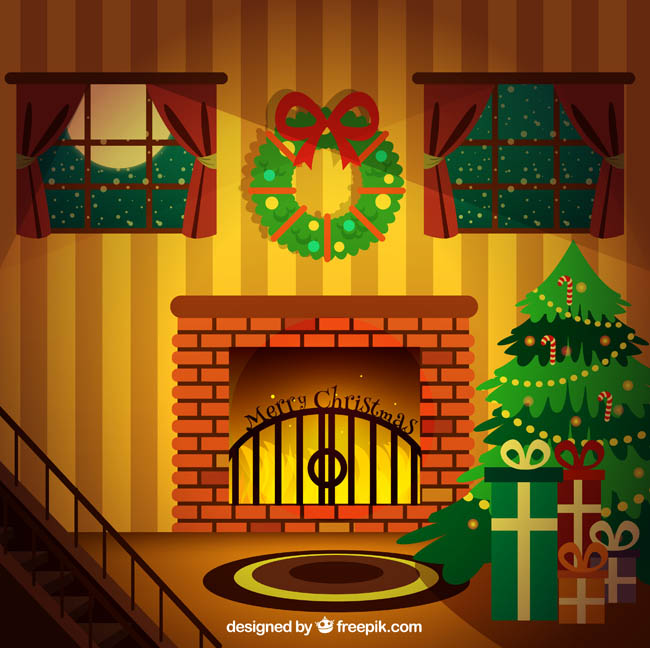 圣诞节主题的壁炉圣诞树背景室内场景设计