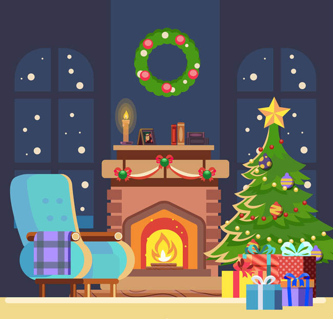 温暖的室内壁炉圣诞树元素主题背景设计