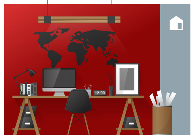 公司办公桌背景红色背景墙创意设计场景素材