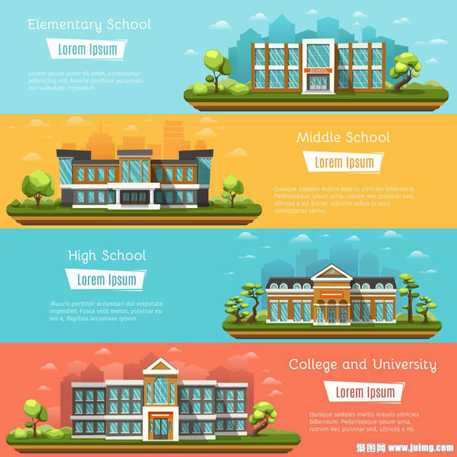 扁平化背景不同教学楼的广告横幅设计素材下载