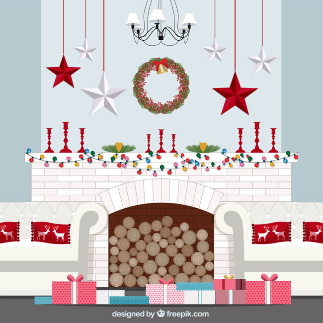 白色调的圣诞主题背景壁炉元素设计素材