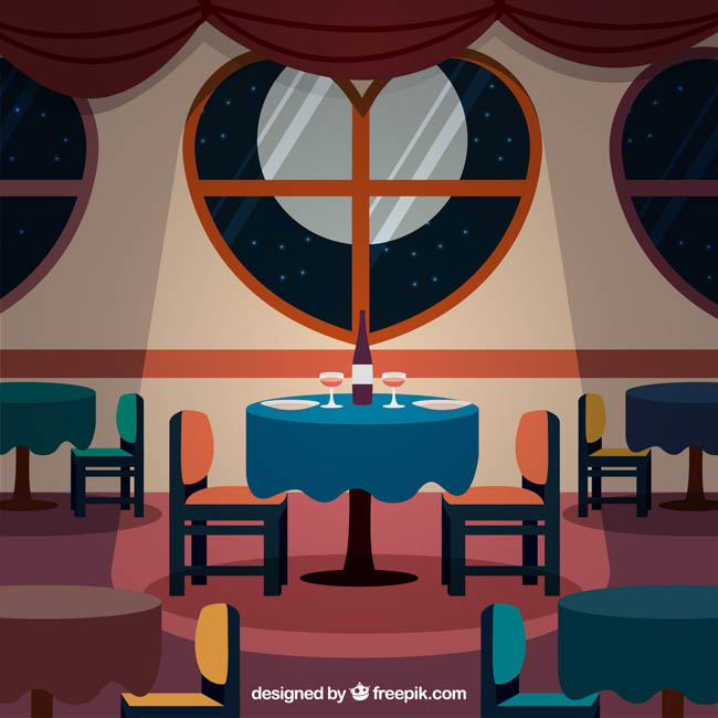 扁平化优雅的室内红酒餐桌场景设计素材