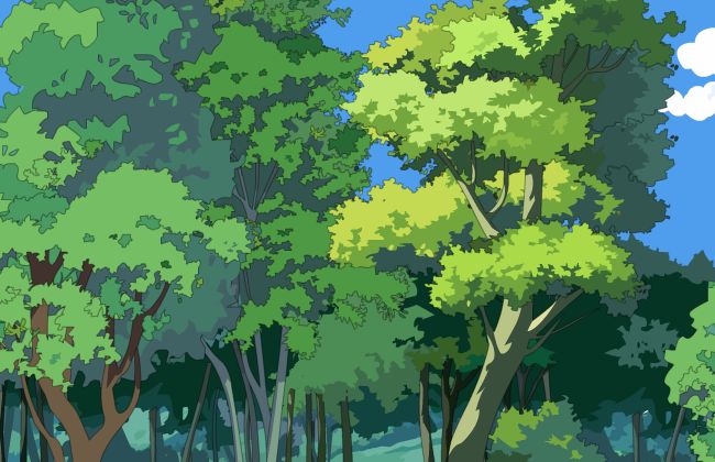 大树森林中的茂密的树丛中动画场景设计素材