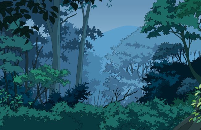 夜色来临时在森林中远眺远方的山脉场景设计