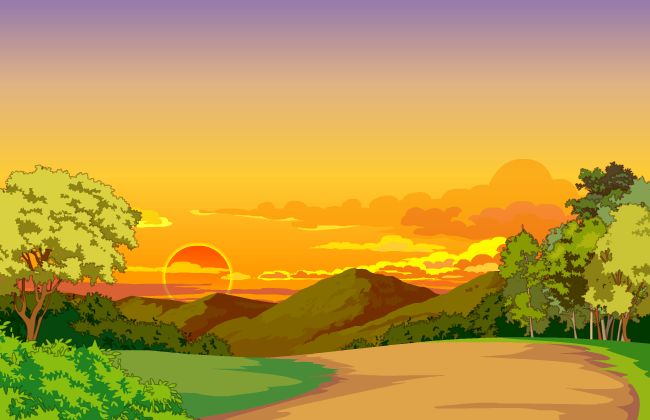 野外漂亮的黄昏太阳西下动画场景设计素材