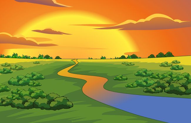 夕阳西下的草原河流场景设计flash源文件