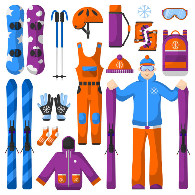 手绘冬季滑雪运动项目的道具大全设计素材
