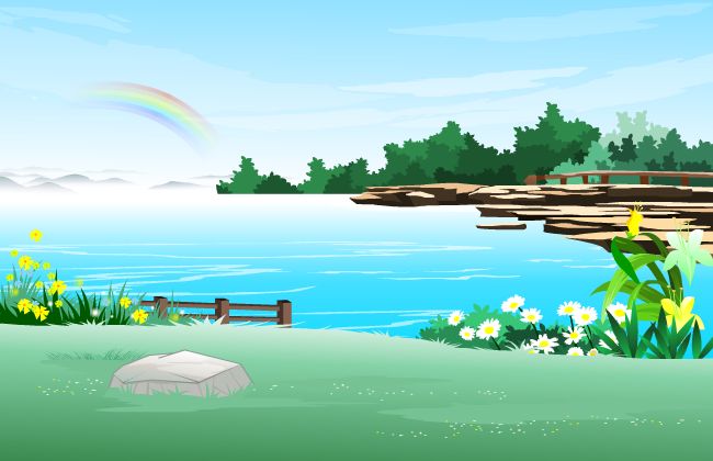 江水河流草地野花彩虹融为一体的场景设计素材