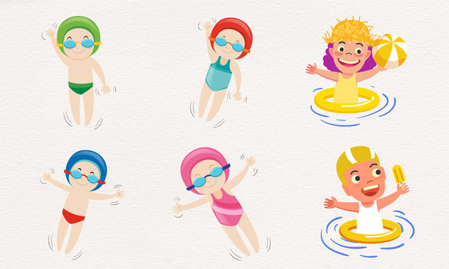 在水面上仰泳的动漫卡通儿童各种表情设计素材