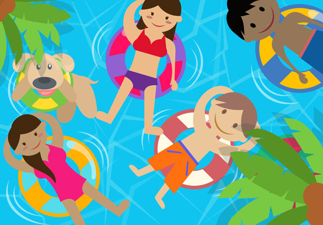 夏季儿童带游泳圈在水上游泳的漫画设计素材