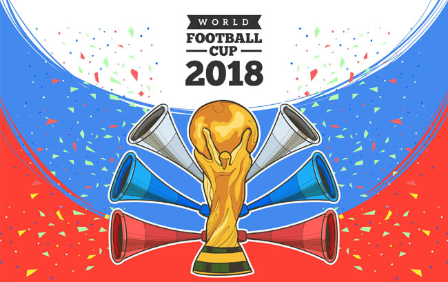 世界杯奖杯周围出行喇叭的创意海报设计素材