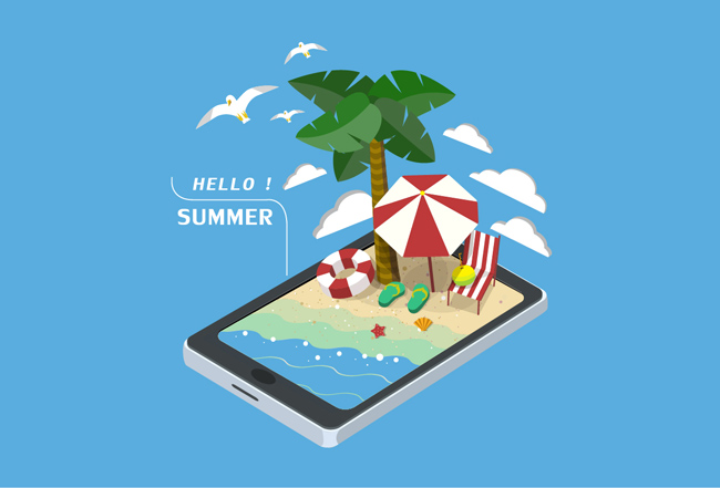 旅游公司创意手机上沙滩度假场景设计素材