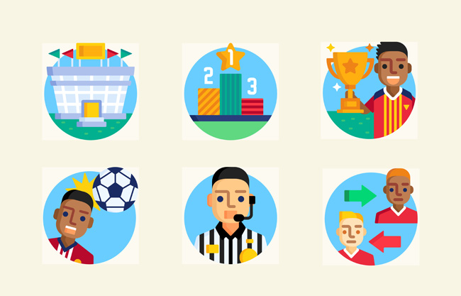 扁平化卡通圆形足球运动赛事各种情景图标设计