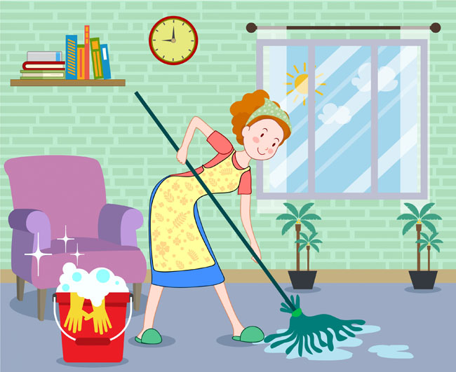 家庭主妇正在家里打扫卫生的场景设计素材