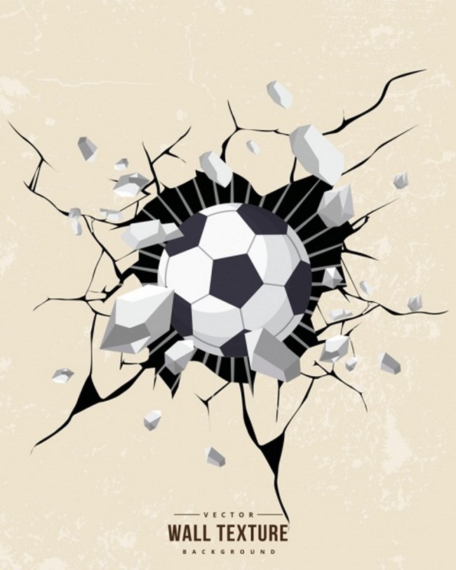 3d三维创意足球撞破墙面的画面设计矢量素材