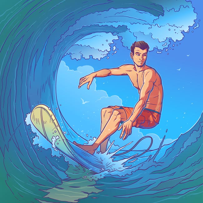 手绘冲浪的男士漫画海报设计素材