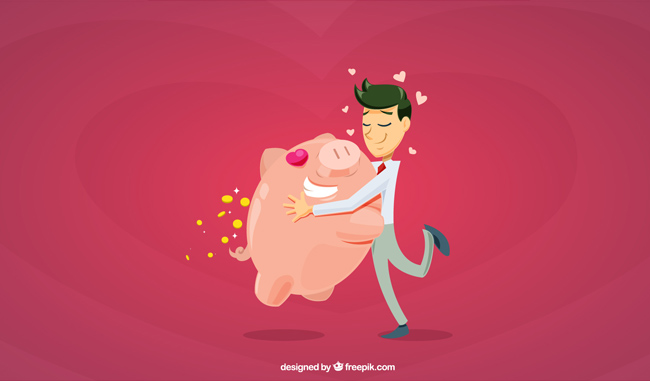 抱着存储钱猪的卡通商务男士设计