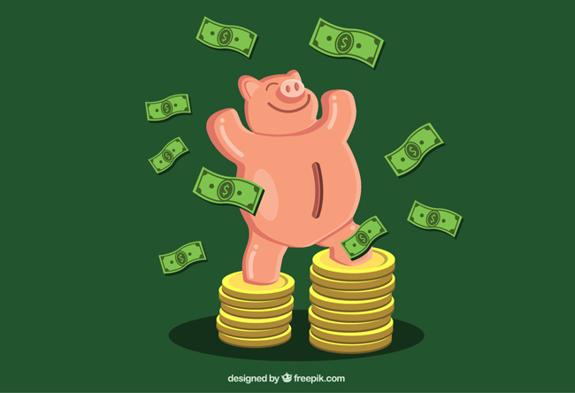 动漫卡通小猪站在金币堆上创意背景设计