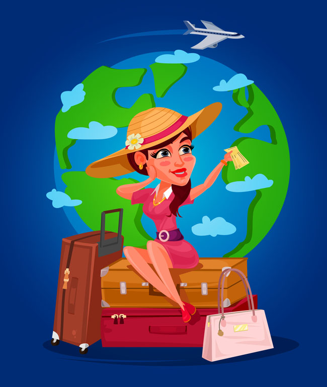 出国旅游坐在旅行箱上休息留影的美女设计
