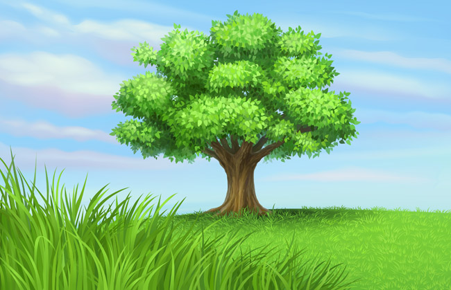 手绘二维写实草地大树天空场景设计素材