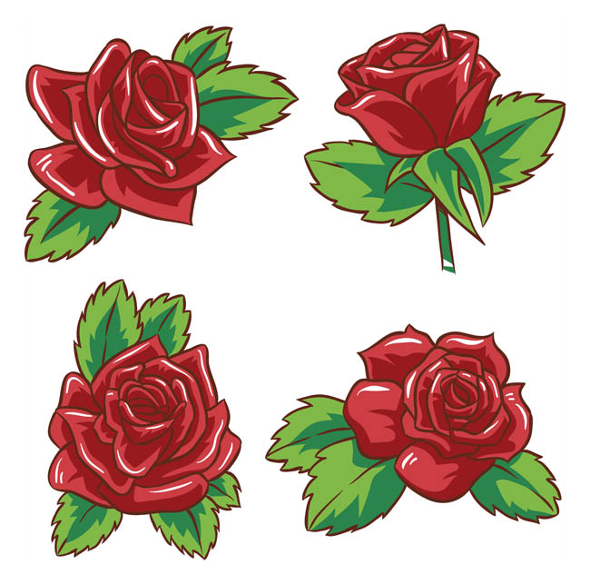 4款手绘红色玫瑰花造型设计矢量素材