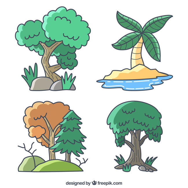 手绘漫画素材大树热带雨林植物设计素材