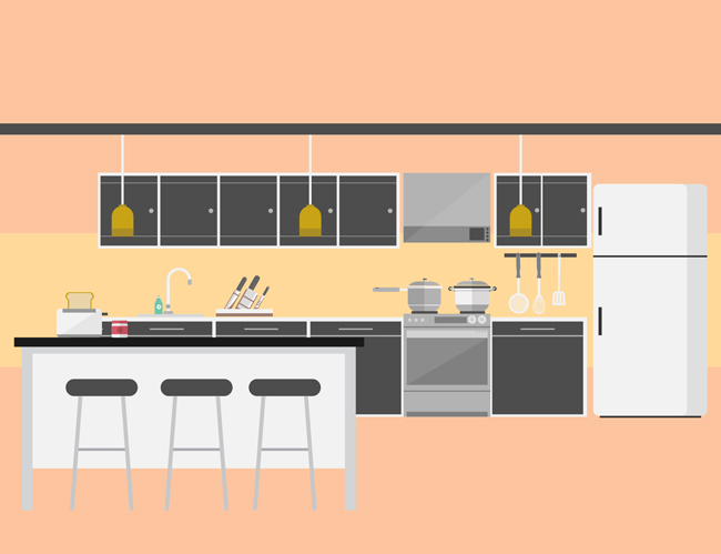 扁平化厨房橱柜造型设计场景素材下载