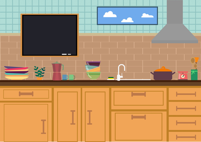 扁平化厨房橱柜场景设计矢量素材