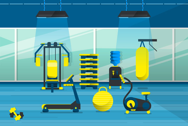 蓝色背景黄色器材的健身场景设计素材下载