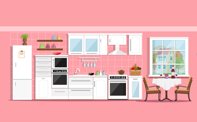 厨房橱柜创意扁平化场景设计矢量素材下载