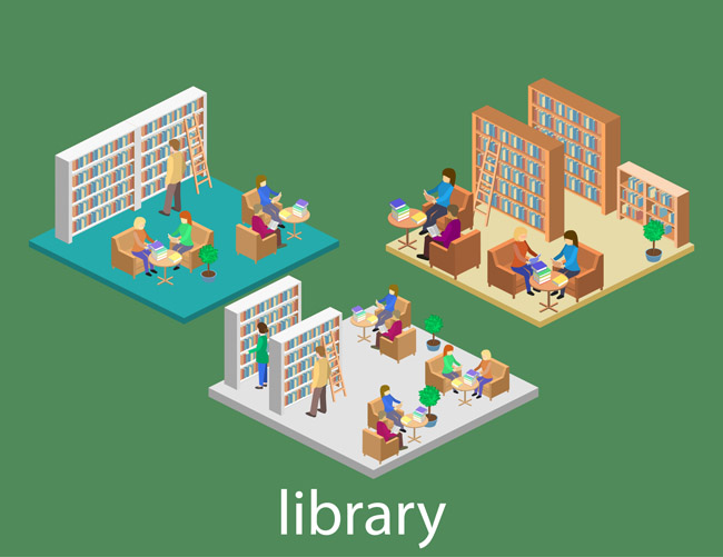 模型立体感的图书馆场景设计矢量素材