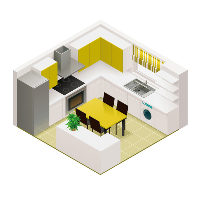 黄色白色组合的厨房橱柜场景设计素材