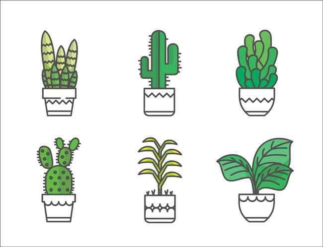 手绘卡通小盆景仙人掌植物造型设计素材