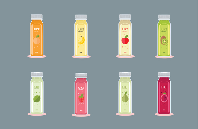 不同颜色水果果汁饮料包装瓶设计素材