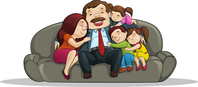手绘矢量漫画一家人在沙发上合影的场景