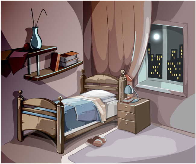 手绘二维动画夜晚夜色下的卧室场景