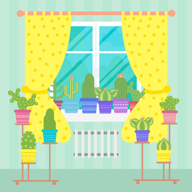 窗户旁放满仙人掌盆栽的漫画场景设计
